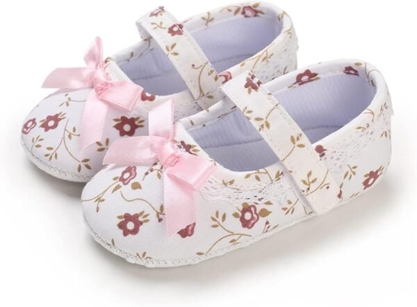 Baby Girl Floral Mary Jane Crib Shoes – White with Pink Bow